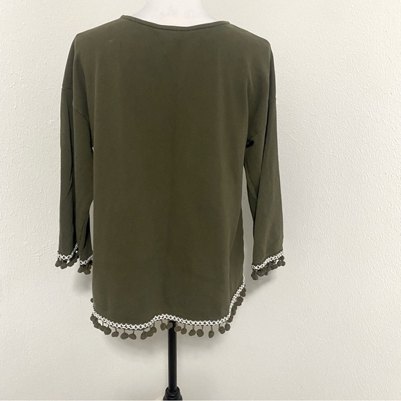 Loft Women’s Lounge Long Sleeve Pom Pom Fringe Cuffs and Bottom Medium Olive - Picture 5 of 8